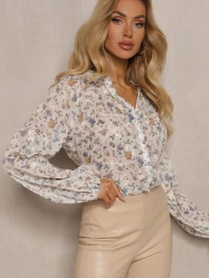 Beżowa Koszula w Kwiaty ze Stójką Przy Karku Ivaler retro & icone