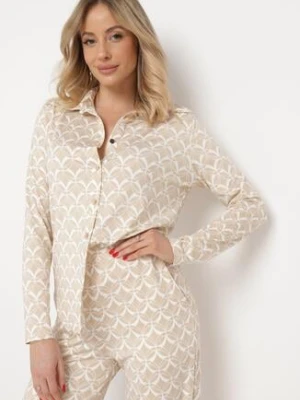 Beżowa Koszula z Metalicznymi Guzikami i Oryginalnym Wzorem Orlenmdra by swan