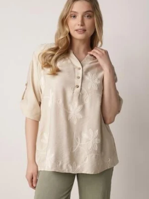 Beżowa Koszula z Wiskozy z Haftowanymi Kwiatami Sylimeine j&x