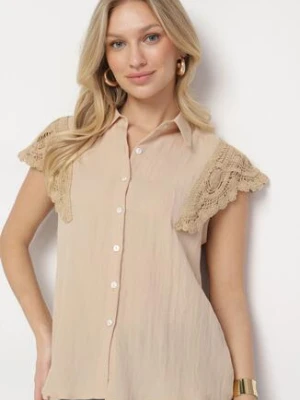 Beżowa Koszula z Wiskozy z Lnem Ozdobiona Ażurowymi Rękawami Fenalis melya by melody