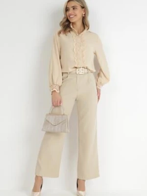 Beżowa Koszula ze Stójką i Koronkowymi Zdobieniami Kalla elsa.m by may