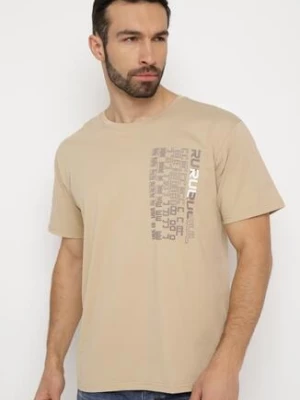 Beżowa Koszulka Bawełniana z Ozdobnym Nadrukiem na Przodzie Ulitiama