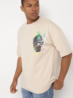 Beżowa Koszulka z Krótkim Rękawem T-Shirt z Nadrukiem z Przodu i na Plecach Franestia
