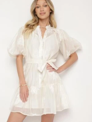 Beżowa Koszulowa Przezroczysta Sukienka z Bawełną Haftami i Paskiem Lirulira lovery