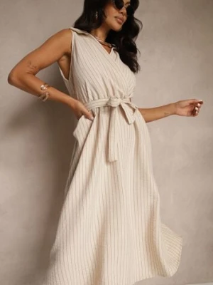 Beżowa Koszulowa Sukienka Bez Rękawów z Wiązanym Paskiem Lideene new collection