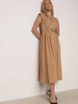 Beżowa Koszulowa Sukienka Bez Rękawów z Wiskozy i Bawełny z Paskiem Suranon elsa.m by may