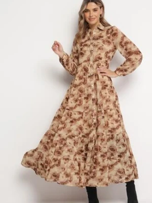 Beżowa Koszulowa Sukienka Maxi z Falbanką Mersa rosa