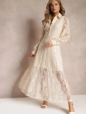 Beżowa Koszulowa Sukienka Maxi z Ozdobnymi Guzikami i Cyrkoniami z Koronkowej Tkaniny Armina elsa.m by may