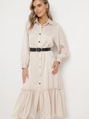 Beżowa Koszulowa Sukienka Midi z Falbanką i Paskiem Kamat unigirl