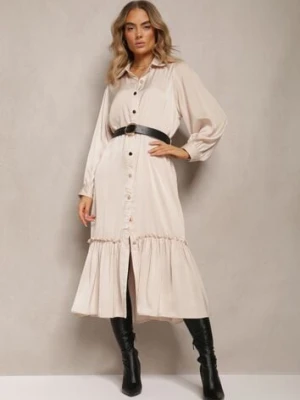 Beżowa Koszulowa Sukienka Midi z Paskiem i Ozdobną Falbanką Mulimani unigirl
