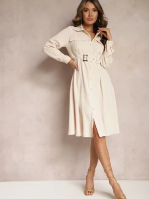 Beżowa Koszulowa Sukienka Midi z Paskiem w Komplecie Neboa unigirl