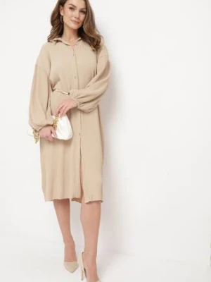 Beżowa Koszulowa Sukienka Midi z Plisowanej Tkaniny z Guzikami Safira lily rose