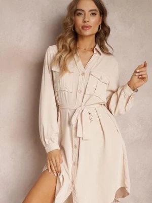 Beżowa Koszulowa Sukienka Mini Bawełniana Zenata unigirl