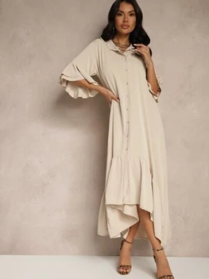 Beżowa Koszulowa Sukienka Ozdobiona Falbanką Ransara new collection