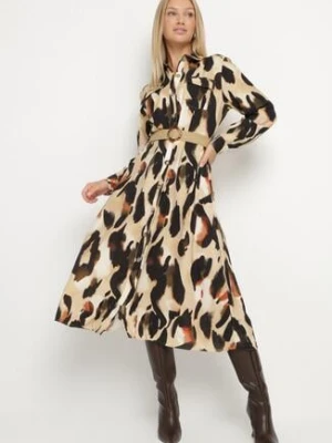 Beżowa Koszulowa Sukienka Rozkloszowana w Abstrakcyjny Wzór z Plecionym Paskiem Miririda rosa