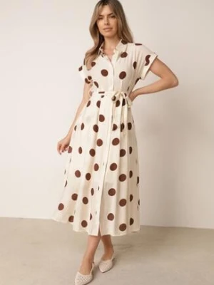 Beżowa Koszulowa Sukienka Rozkloszowana z Wiskozy w Grochy Retro Deliala unigirl