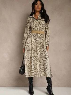 Beżowa Koszulowa Sukienka Snake Print z Wiskozą i Paskiem Bririn