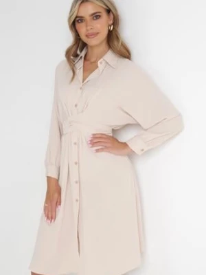 Beżowa Koszulowa Sukienka Trapezowa z Wiązaniem Renner unigirl