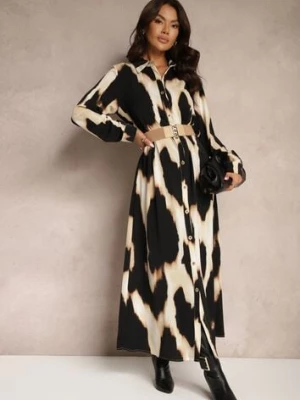 Beżowo-Czarna Koszulowa Sukienka w Panterkę Ozdobiona Paskiem Valentola rosa