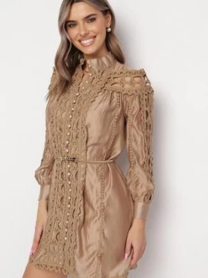 Beżowa Koszulowa Sukienka w Stylu Vintage ze Stójką i Paskiem w Talii Glikoma
