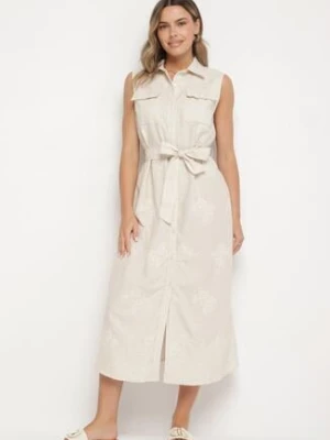 Beżowa Koszulowa Sukienka z Bawełny Ozdobiona Paskiem Kolireia rosa