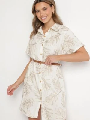 Beżowa Koszulowa Sukienka z Bawełny w Liście z Paskiem Eveledia rosa