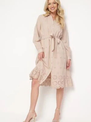 Beżowa Koszulowa Sukienka z Bawełny Zapinana na Guziki z Materiałowym Paskiem i Koronką Uzilara bisou's project