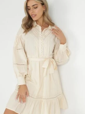 Beżowa Koszulowa Sukienka z Bufiastym Rękawem i Ażurowymi Wstawkami Staples elsa.m by may