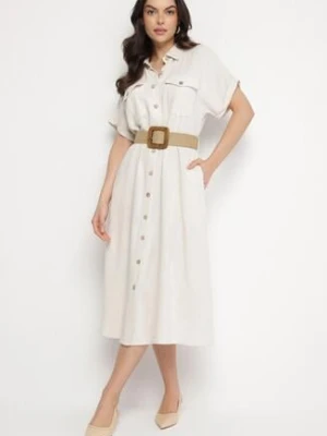 Beżowa Koszulowa Sukienka z Lnu i Wiskozy z Elastycznym Paskiem z Klamrą Elanithea elsa.m by may