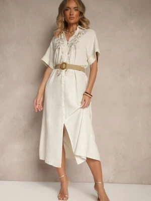 Beżowa Koszulowa Sukienka z Lnu i Wiskozy z Haftem i Plecionym Paskiem Atelessa belcci