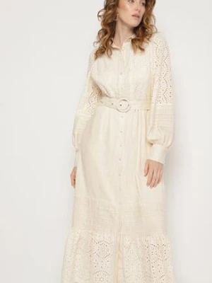 Beżowa Koszulowa Sukienka z Lnu i Wiskozy z Paskiem w Komplecie z Ażurowym Zdobiebiem Eleces bisou's project