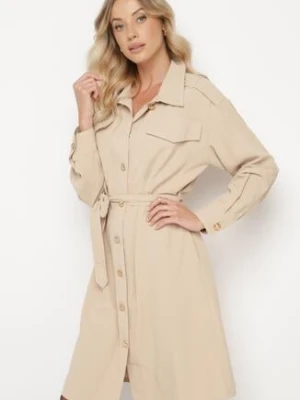 Beżowa Koszulowa Sukienka z Ozdobnymi Guzikami i Wiązanym Paskiem Alttia unigirl