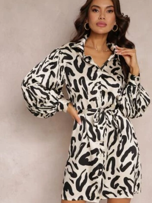 Beżowa Koszulowa Sukienka z Plisowanymi Wstawkami i Materiałowym Paskiem Lizza unigirl