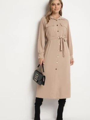 Beżowa Koszulowa Sukienka z Podpinanymi Rękawami i Dodatkowym Wiązanym Paskiem Ivandria j studio