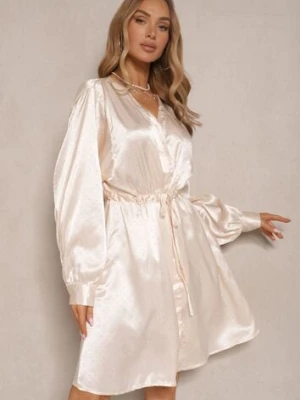 Beżowa Koszulowa Sukienka z Satyny Ozdobiona Cyrkoniami i Paskiem Miledis unigirl