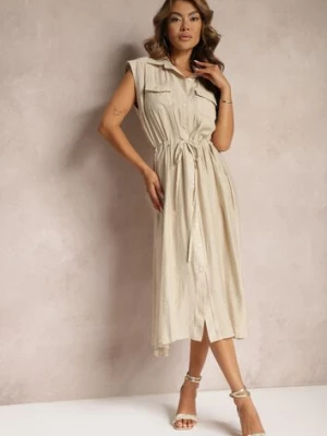 Beżowa Koszulowa Sukienka z Wiskozy bez Rękawów ze Ściągaczem w Talii Noreviana elsa.m by may