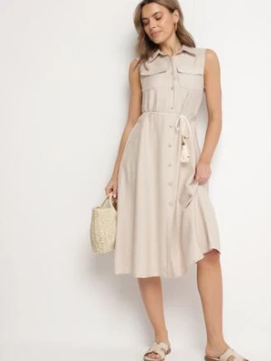 Beżowa Koszulowa Sukienka z Wiskozy o Rozkoszowanym Kroju Wiązaniem z Frędzlami Zenbia rosa