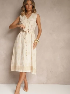 Beżowa Koszulowa Sukienka z Wiskozy Ozdobiona Paskiem i Haftami Aralova rosa