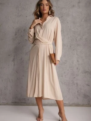 Beżowa Koszulowa Sukienka z Wiskozy z Asymetrycznym Drapowaniem i Guzikiem Hetasa unigirl