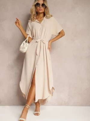 Beżowa Koszulowa Sukienka z Wiskozy z Materiałowym Paskiem w Talii Gialara cflo