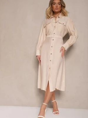 Beżowa Koszulowa Sukienka z Wiskozy z Paskiem z Klamrą i Kieszeniami Lisandrila unigirl