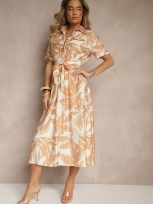 Beżowa Koszulowa Sukienka z Wiskozy z Wiązanym Paskiem Ullosaria h&s