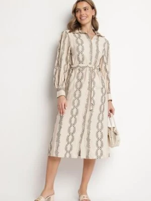 Beżowa Koszulowa Sukienka z Wiskozy z Wiązanym Paskiem Zdobiona Haftem Rallisia unigirl