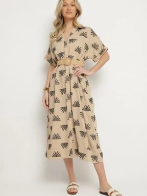 Beżowa Koszulowa Sukienka z Wiskozy Zdobiona Haftem z Elastycznym Paskiem Liovira m&d fashion