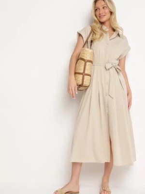 Beżowa Koszulowa Sukienka Zapinana na Guziki z Materiałowym Paskiem Moaxel unigirl
