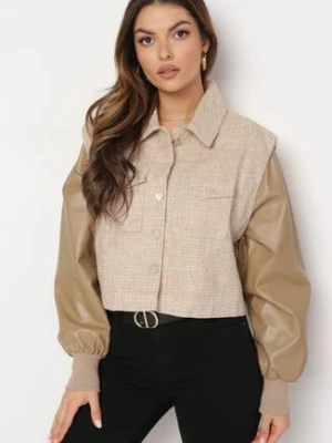 Beżowa Krótka Kurtka Bomberka z Rękawami z Imitacji Skóry Meliara jus de pom