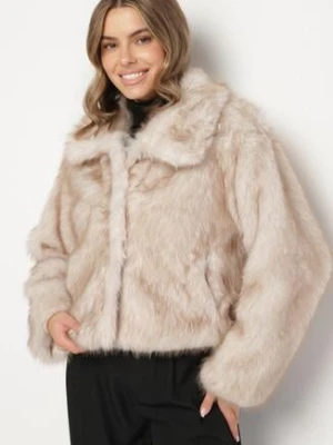 Beżowa Krótka Kurtka Futerko z Kołnierzem Anantia yu & me
