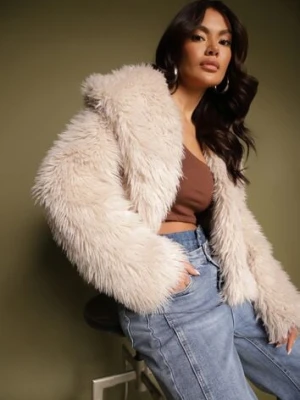 Beżowa Krótka Kurtka Futerko z Szerokim Kołnierzem Areti lovery