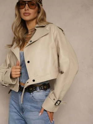 Beżowa Krótka Kurtka Ramoneska w Stylu Trencza Niladoria ann gissy