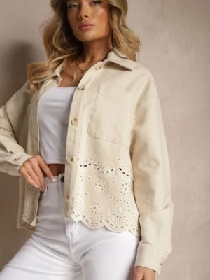 Beżowa Kurtka Ażurowa o Koszulowym Kroju z Kieszeniami Leniera elsa.m by may
